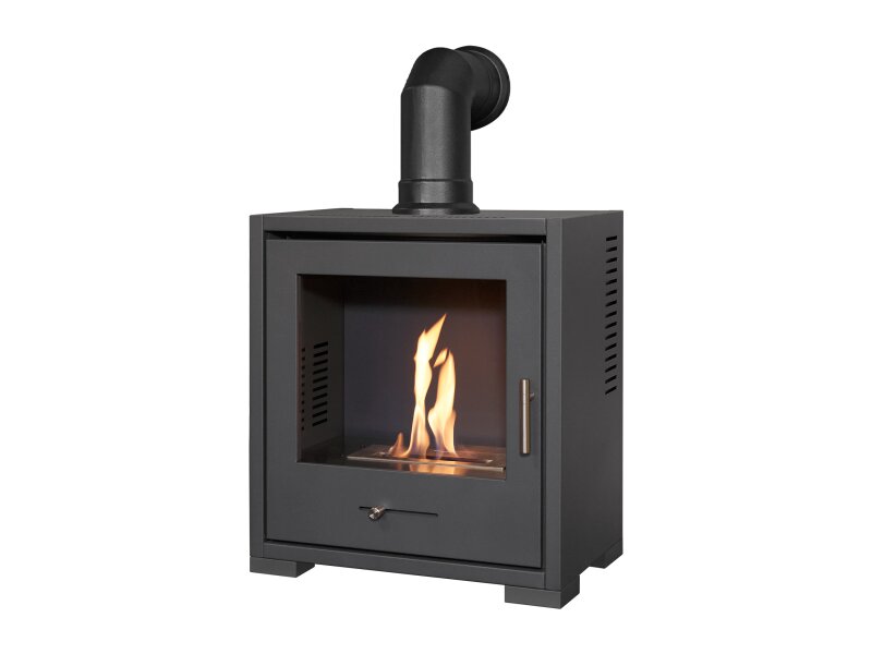 OKO S3  BLACK BIOETHANOL STOVE £498.99 Free UK delivery. Medium bio ethanol fluless fire 3kW heat. Shown with a short angled faux flue pipe sitting on the top for a realistic effect