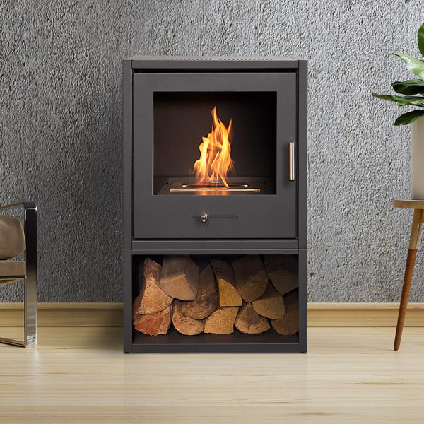 A grey box like structure made of steel that has a metal chamber inside that houses BIOETHANOL fuel. A 100% eco friendly renewable energy resource that's been turned into liquid. This is put into the metal chamber inside the fire box and lite to produce real flames and real heat and no chimney is required.