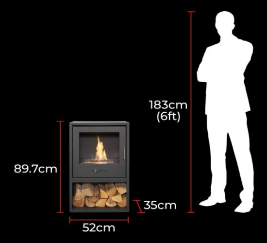 Measurement chart showing a bioethanol fireplace and a person's silhouette for scale on a black background.