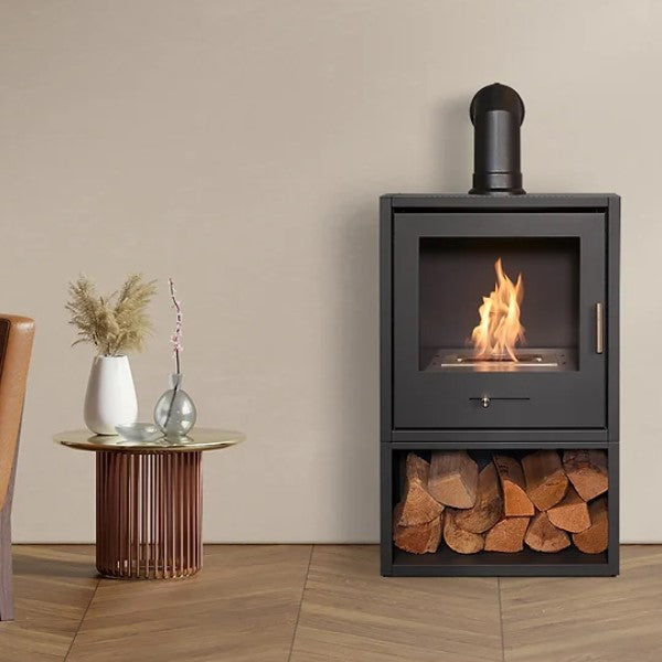 A grey box like structure made of steel that has a metal chamber inside that houses BIOETHANOL fuel. A 100% eco friendly renewable energy resource that's been turned into liquid. This is put into the metal chamber inside the fire box and lite to produce real flames and real heat and no chimney is required.