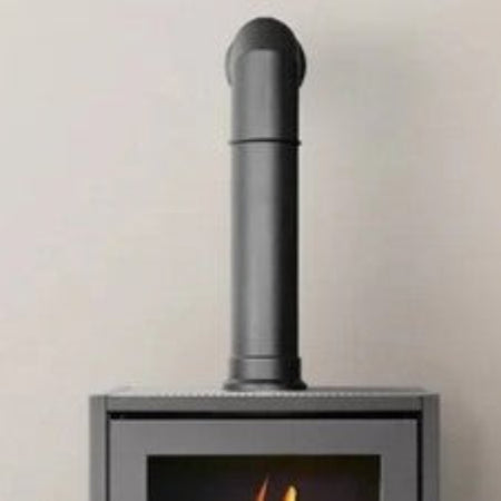 OKO S3 Tall Angled Stove Pipe sitting on top of a bio ethanol flueless fire to make it look realistic, from The Stove House Ltd. West Sussex.