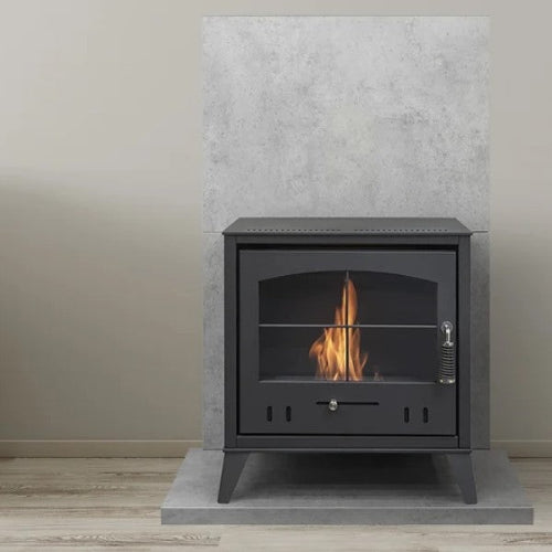 An OKO S4 BIOETHANOL STOVE £483.99 that burns Bio ethanol fuel. Its a flueless traditional woodburner style fire with a large glass door and tacery on it. The flames produce 3kW in heat and looks very cosy and inviting. It has No chimney or flue as one isn't needed and its from The Stove House