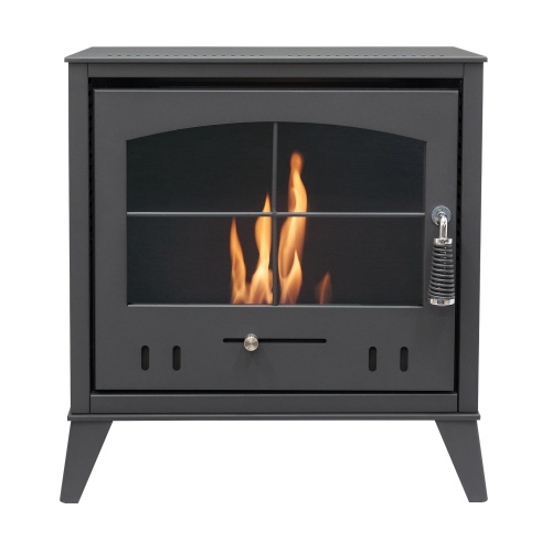 An OKO S4 BIOETHANOL STOVE £483.99 that burns Bio ethanol fuel. Its a flueless traditional woodburner style fire with a large glass door and tacery on it. The flames produce 3kW in heat and looks very cosy and inviting. It has No chimney or flue as one isn't needed and its from The Stove House