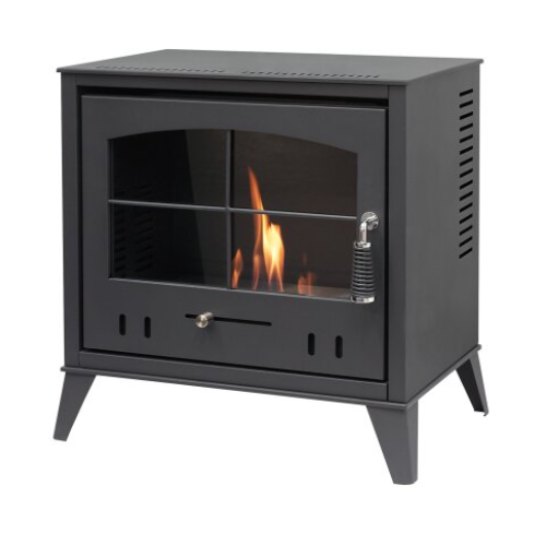 An OKO S4 BIOETHANOL STOVE £483.99 that burns Bio ethanol fuel. Its a flueless traditional woodburner style fire with a large glass door and tacery on it. The flames produce 3kW in heat and looks very cosy and inviting. It has No chimney or flue as one isn't needed and its from The Stove House