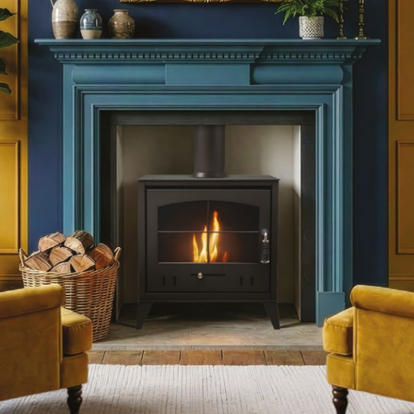 OKO S4 BIOETHANOL STOVE. A larger bioethanol stove with a broader, more substantial presence and traditional design in charcoal grey. Up to 3 kW output at The Stove House Ltd. West Sussex.
