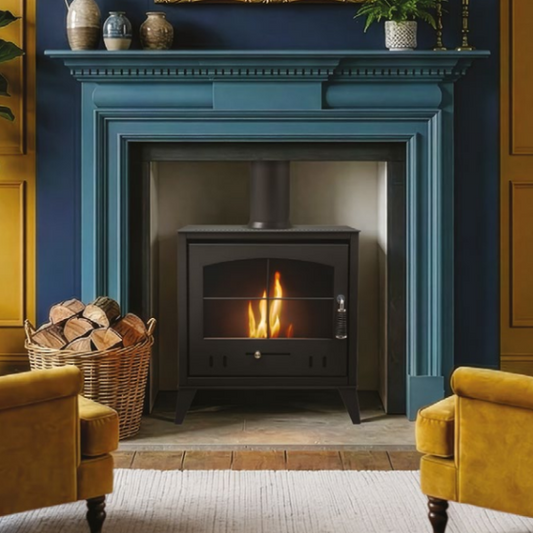 OKO S4 BIOETHANOL STOVE. A larger bioethanol stove with a broader, more substantial presence and traditional design in charcoal grey. Up to 3 kW output at The Stove House Ltd. West Sussex.