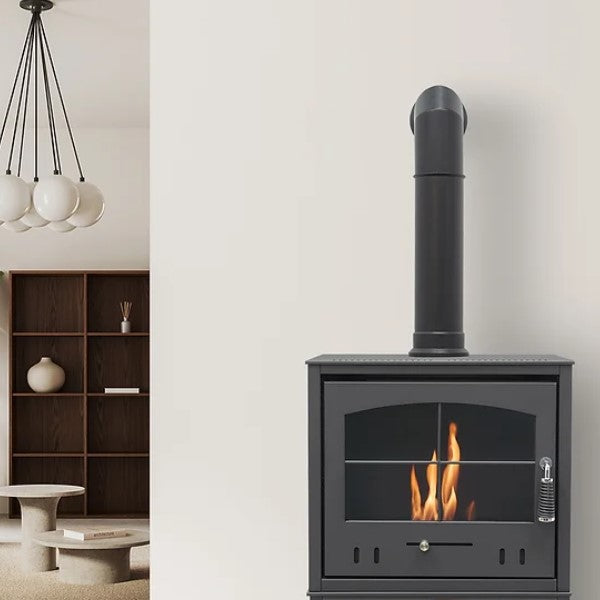 An OKO S4 BIOETHANOL STOVE WITH TALL ANGLED FAKE FLUE PIPE SITTING ON TOP, FROM £483.99 that burns Bio ethanol fuel. Its a flueless traditional woodburner style fire with a large glass door and tacery on it. The flames produce 3kW in heat and looks very cosy and inviting. It has No chimney or flue as one isn't needed and its from The Stove House