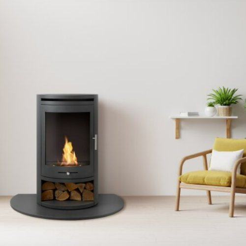 S5 BIOETHANOL STOVE BUNDLE; LOG STORE, FLUE AND GRANITE HEARTH Modern Stove, eco friendly, burns clean, real flames & heat but no chimney needed, Lowest prices