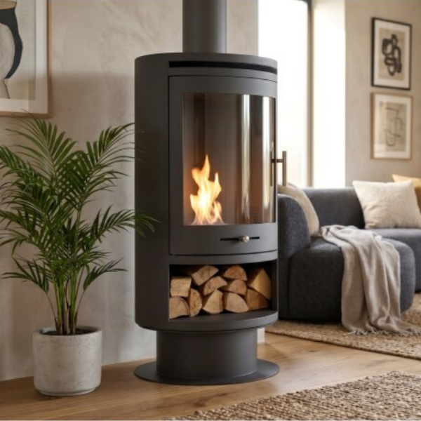 OKO S5 Bio Ethanol Cylinder Stove with Log Storage & Pedestal in Charcoal Grey. A modern cylindrical bio stove with real flames & 3kW output at The Stove House Ltd. West Sussex.