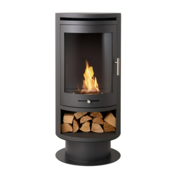 OKO S5 Bio Ethanol Cylinder Stove with Log Storage & Pedestal in Charcoal Grey. A modern cylindrical bio stove with real flames & 3kW output at The Stove House Ltd. West Sussex.