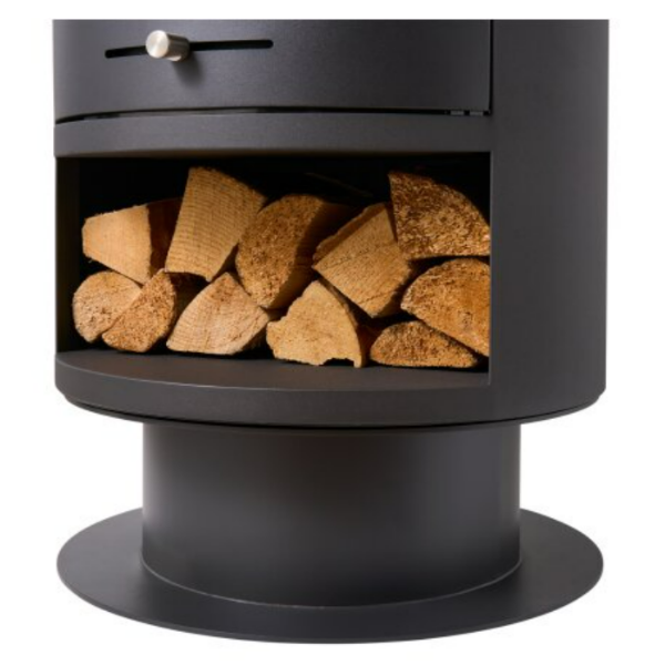 OKO S5 Bio Ethanol Cylinder Stove with Log Storage & Pedestal in Charcoal Grey. A modern cylindrical bio stove with real flames & 3kW output at The Stove House Ltd. West Sussex.
