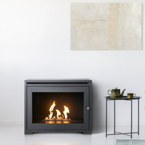 OKO S6 - Modern Freestanding Bioethanol Stove in Charcoal Grey that burns eco fuel, which means it doesn't need a chimney at The Stove House Ltd. West Sussex.