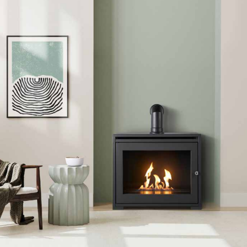OKO S6 - Modern Freestanding Bioethanol Stove in Charcoal Grey that burns eco fuel, which means it doesn't need a chimney at The Stove House Ltd. West Sussex.