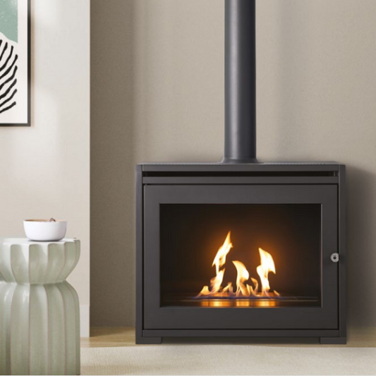 OKO S6 - Modern Freestanding Bioethanol Stove in Charcoal Grey that burns eco fuel, which means it doesn't need a chimney at The Stove House Ltd. West Sussex.