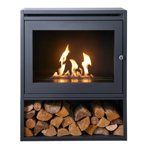 OKO S6 with Log Store - Modern Freestanding Bioethanol Stove in Charcoal Grey that burns eco fuel, which means it doesn't need a chimney at The Stove House Ltd. West Sussex.
