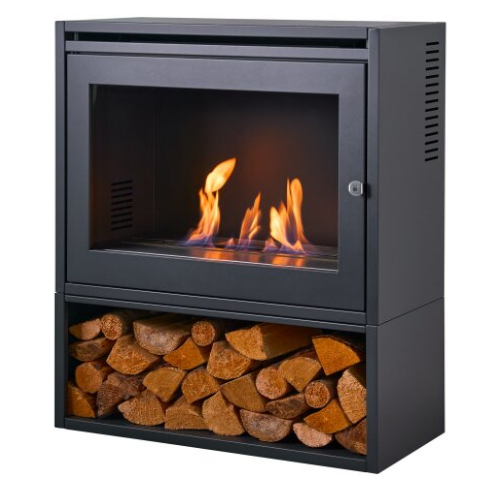 OKO S6 with Log Store - Modern Freestanding Bioethanol Stove in Charcoal Grey that burns eco fuel, which means it doesn't need a chimney at The Stove House Ltd. West Sussex.