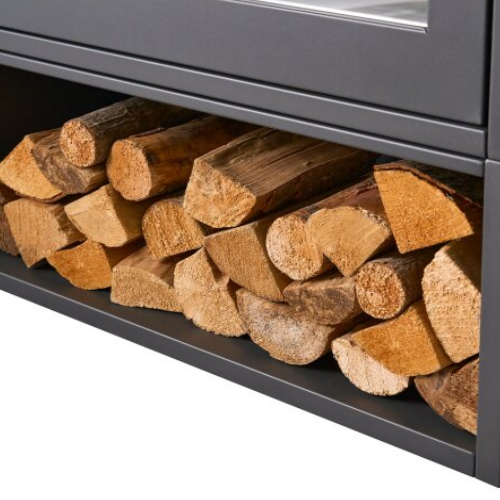 OKO S6 with Log Store - Modern Freestanding Bioethanol Stove in Charcoal Grey that burns eco fuel, which means it doesn't need a chimney at The Stove House Ltd. West Sussex.