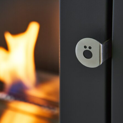 OKO S6 with Log Store - Modern Freestanding Bioethanol Stove in Charcoal Grey that burns eco fuel, which means it doesn't need a chimney at The Stove House Ltd. West Sussex.