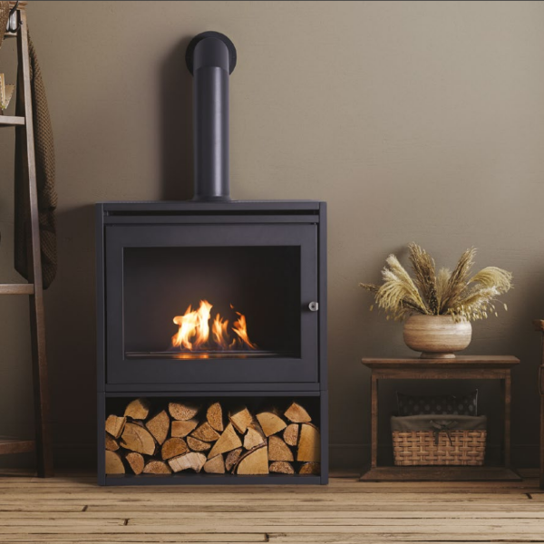 OKO S6 with Log Store - Modern Freestanding Bioethanol Stove in Charcoal Grey that burns eco fuel, which means it doesn't need a chimney at The Stove House Ltd. West Sussex.
