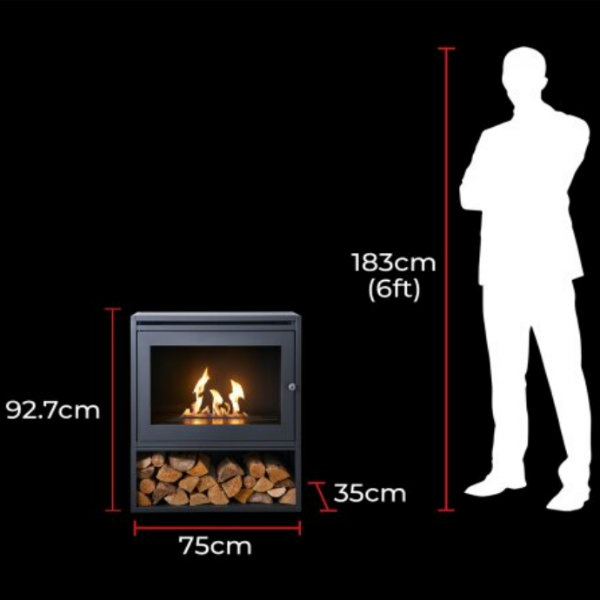 OKO S6 with Log Store - Modern Freestanding Bioethanol Stove in Charcoal Grey that burns eco fuel, which means it doesn't need a chimney at The Stove House Ltd. West Sussex.