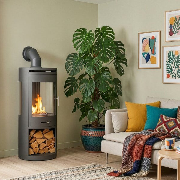 The OKO S7 bio ethanol panoramic stove in charcoal grey offers the brilliance of a real, open flame system for up to 8 hours. A heat output of up to 3kW. No direct flue or chimney required at The Stove House Ltd. West Sussex.