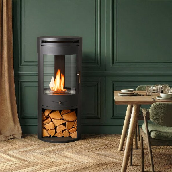 The OKO S7 bio ethanol panoramic stove in charcoal grey offers the brilliance of a real, open flame system for up to 8 hours. A heat output of up to 3kW. No direct flue or chimney required at The Stove House Ltd. West Sussex.