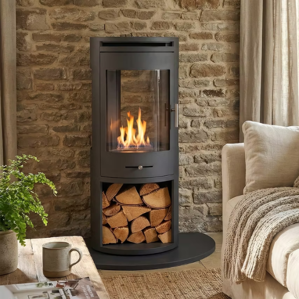 The OKO S7 bio ethanol panoramic stove in charcoal grey offers the brilliance of a real, open flame system for up to 8 hours. A heat output of up to 3kW. No direct flue or chimney required at The Stove House Ltd. West Sussex.