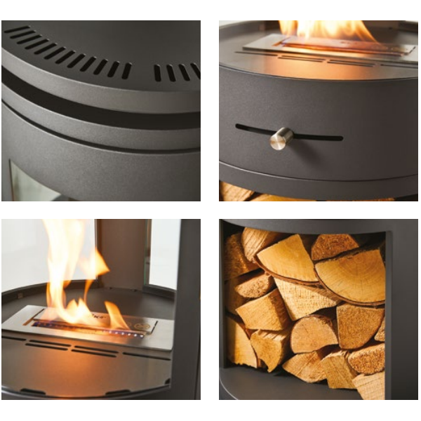 The OKO S7 bio ethanol panoramic stove in charcoal grey offers the brilliance of a real, open flame system for up to 8 hours. A heat output of up to 3kW. No direct flue or chimney required at The Stove House Ltd. West Sussex.