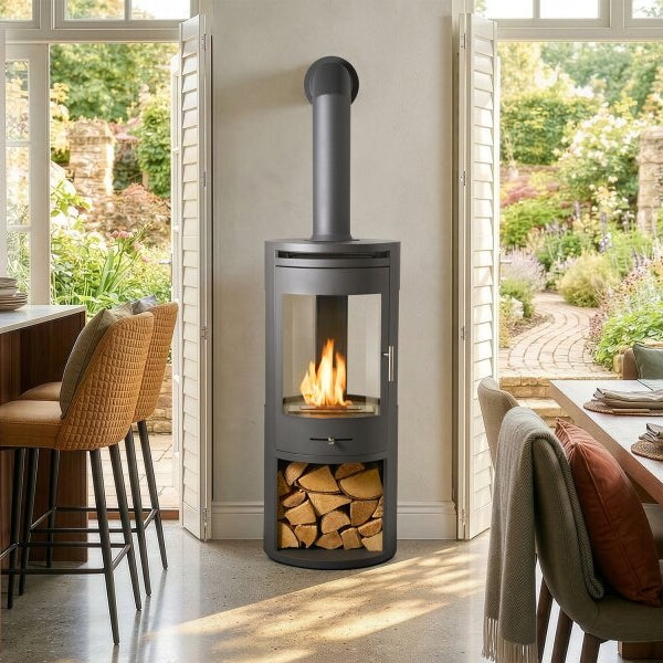 The OKO S7 bio ethanol panoramic stove in charcoal grey offers the brilliance of a real, open flame system for up to 8 hours. A heat output of up to 3kW. No direct flue or chimney required at The Stove House Ltd. West Sussex.