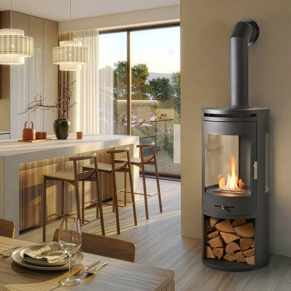 The OKO S7 bio ethanol panoramic stove in charcoal grey offers the brilliance of a real, open flame system for up to 8 hours. A heat output of up to 3kW. No direct flue or chimney required at The Stove House Ltd. West Sussex.