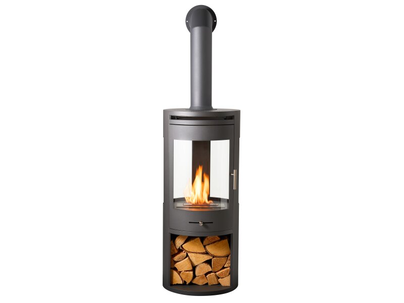The OKO S7 bio ethanol panoramic stove in charcoal grey offers the brilliance of a real, open flame system for up to 8 hours. A heat output of up to 3kW. No direct flue or chimney required at The Stove House Ltd. West Sussex.