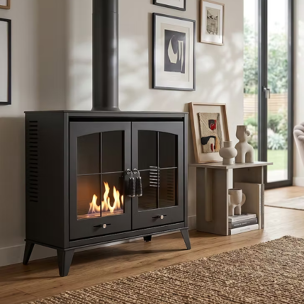 OKO S8 - Large Modern Freestanding Double-Door Bioethanol Stove in Charcoal Grey that burns eco fuel, which means it doesn't need a chimney at The Stove House Ltd. West Sussex.