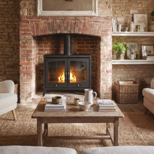 OKO S8 - Large Modern Freestanding Double-Door Bioethanol Stove in Charcoal Grey that burns eco fuel, which means it doesn't need a chimney at The Stove House Ltd. West Sussex.