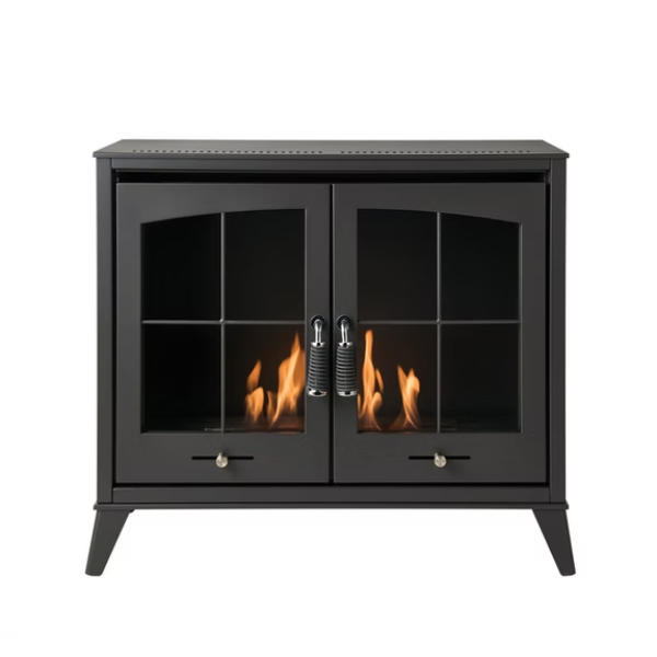 OKO S8 - Large Modern Freestanding Double-Door Bioethanol Stove in Charcoal Grey that burns eco fuel, which means it doesn't need a chimney at The Stove House Ltd. West Sussex.