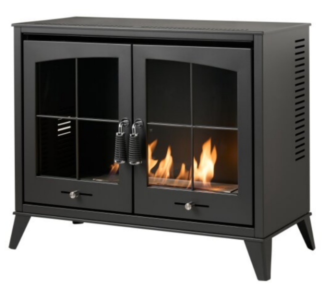 OKO S8 - Large Modern Freestanding Double-Door Bioethanol Stove in Charcoal Grey that burns bioethanol fuel, at The Stove House Ltd. West Sussex.