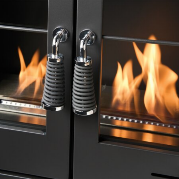 OKO S8 - Large Modern Freestanding Double-Door Bioethanol Stove in Charcoal Grey that burns bioethanol fuel, at The Stove House Ltd. West Sussex.