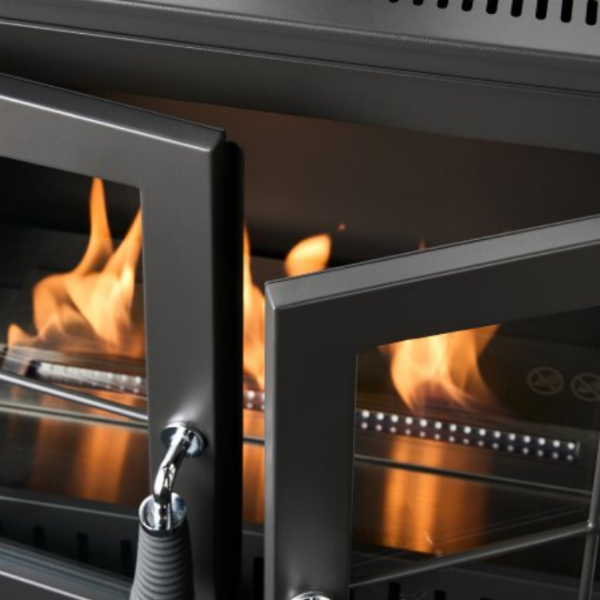 OKO S8 - Large Modern Freestanding Double-Door Bioethanol Stove in Charcoal Grey that burns bioethanol fuel, at The Stove House Ltd. West Sussex.
