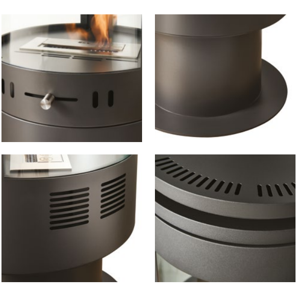 OKO S9 - Large Modern Freestanding Cylindrical Bioethanol Stove in Charcoal Grey that burns eco fuel, which means it doesn't need a chimney at The Stove House Ltd. West Sussex.