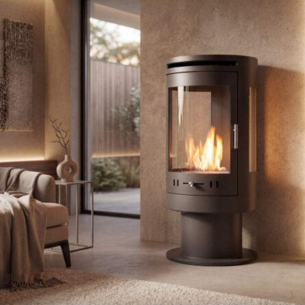 OKO S9 BIOETHANOL STOVE. A Large Modern Freestanding Cylindrical Bioethanol Stove in Charcoal Grey with a 3kW output, at The Stove House Ltd. West Sussex.