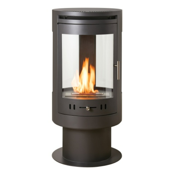 OKO S9 BIOETHANOL STOVE. A Large Modern Freestanding Cylindrical Bioethanol Stove in Charcoal Grey with a 3kW output, at The Stove House Ltd. West Sussex.