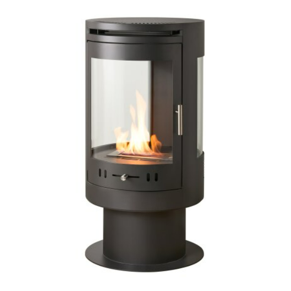 OKO S9 BIOETHANOL STOVE. A Large Modern Freestanding Cylindrical Bioethanol Stove in Charcoal Grey with a 3kW output, at The Stove House Ltd. West Sussex.