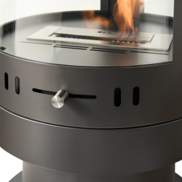 OKO S9 BIOETHANOL STOVE. A Large Modern Freestanding Cylindrical Bioethanol Stove in Charcoal Grey with a 3kW output, at The Stove House Ltd. West Sussex.