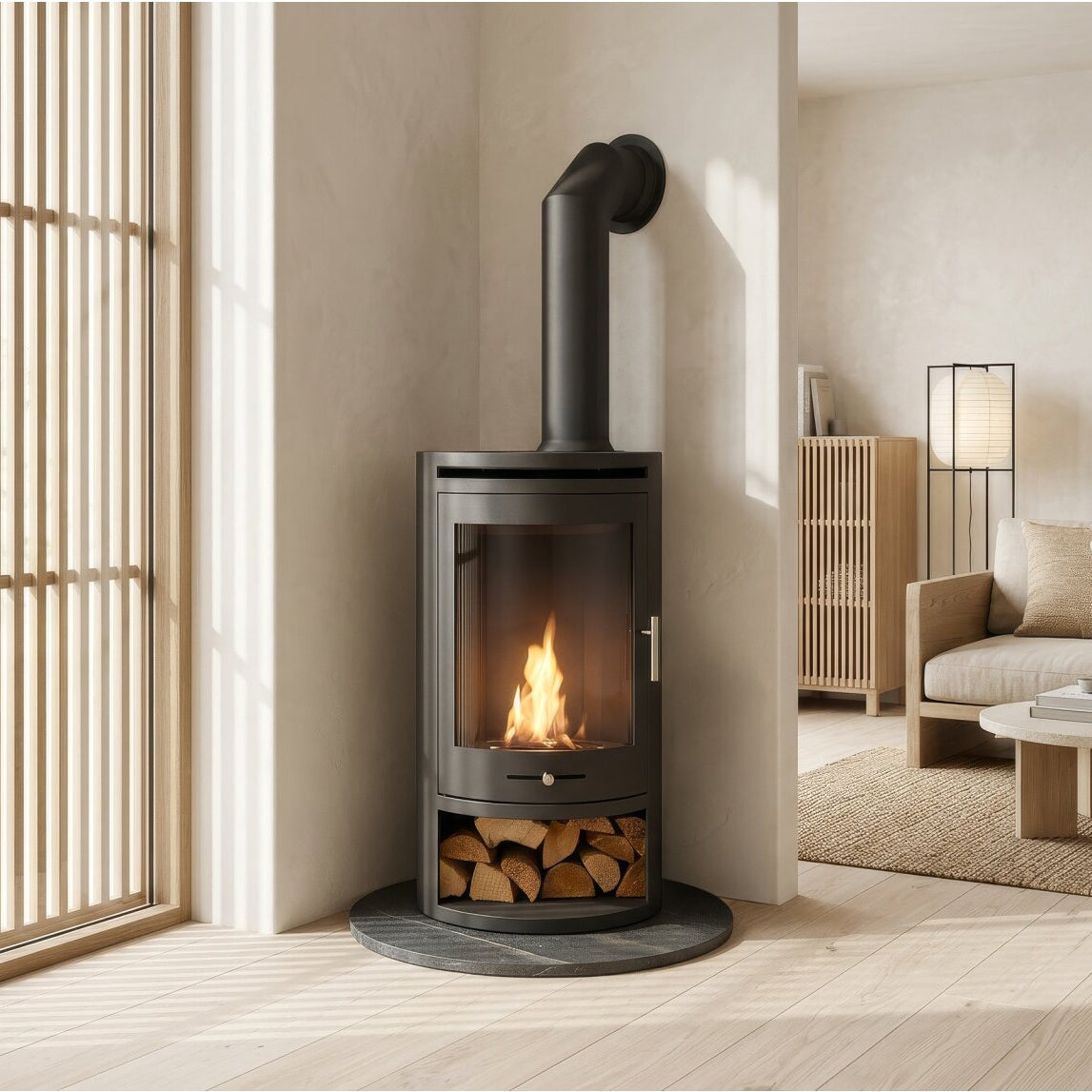 Oko S5 with Teardrop Hearth in Lava Stone and tall Angled Metal Pipe