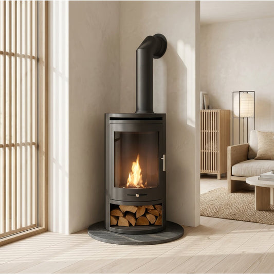 Oko S5 with Teardrop Hearth in Lava Stone and tall Angled Metal Pipe - The Stove House