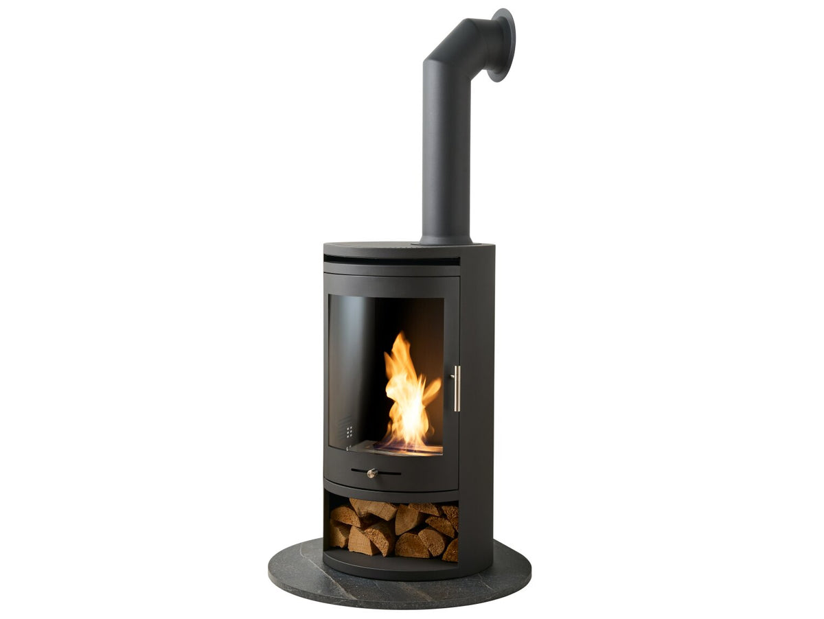 Oko S5 with Teardrop Hearth in Lava Stone and tall Angled Metal Pipe