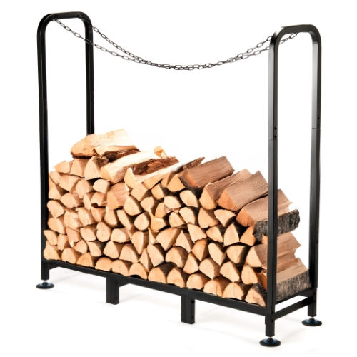 Outdoor Log Rack Black L45 113 cm x 31 cm x 115 cm. Elegant metal firewood holder in black with weatherproof cover for wood storage at The Stove House Ltd. West Sussex.