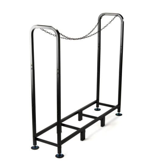 Outdoor Log Rack Black L45 113 cm x 31 cm x 115 cm. Elegant metal firewood holder in black with weatherproof cover for wood storage at The Stove House Ltd. West Sussex.