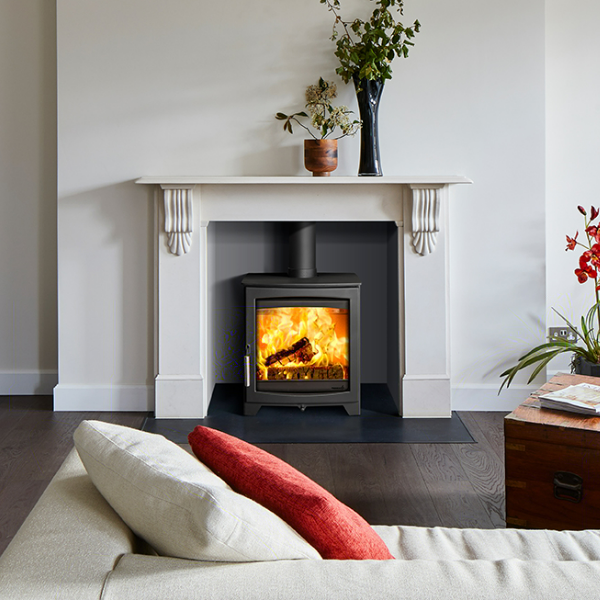 Parkray Aspect 6 Eco Wood. Eco Design Ready 2022 5kW modern wood burning stove with a large glass door and optional multi-fuel kit at The Stove House Ltd. West Sussex.