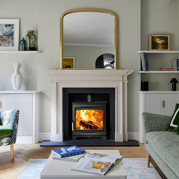 Parkray Aspect 8 Eco. Eco Design Ready 2022 7.5kW modern wood burning stove with a large glass door and optional multi-fuel kit at The Stove House Ltd. West Sussex.