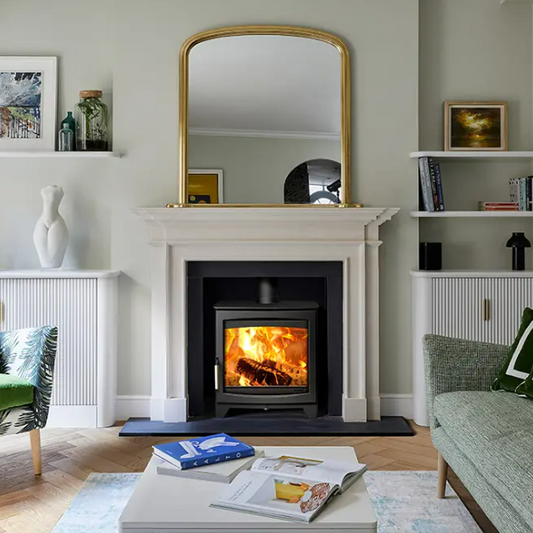 Parkray Aspect 8 Eco. Eco Design Ready 2022 7.5kW modern wood burning stove with a large glass door and optional multi-fuel kit at The Stove House Ltd. West Sussex.
